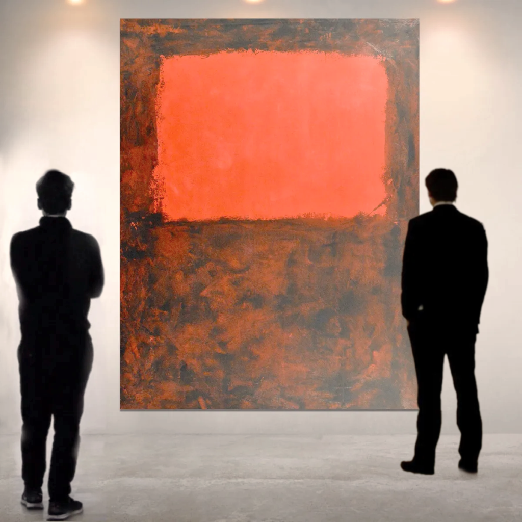two people standing in front of a piece of art with a red block looking at it